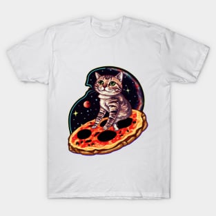 A cat riding a slice of pizza in space | Vintage T-Shirt